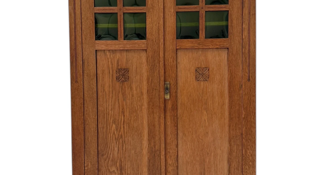 Arts & Crafts Art Nouveau Bookcase with Original Green Glass, 1900s